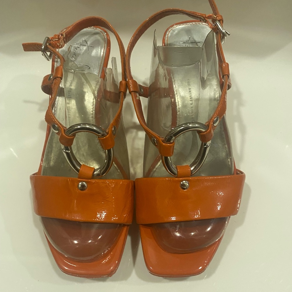Franco Sarto Orange Patent Cork Wedge Sandals